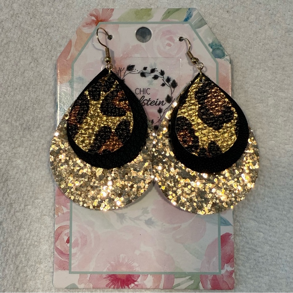 NWT-Gold, Black, and Leopard Teardrop Earrings
